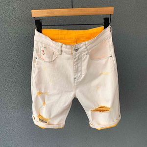 Pantalones cortos de mezclilla elásticos de color caqui y naranja de alta calidad a la moda para hombre, pantalones vaqueros rasgados finos de verano para hombre, ropa de marca Bermuda corta para hombre