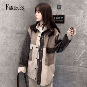 Haute qualité mode Plaid femmes lâche Trench-coat en cuir PU Patchwork poche longue simple boutonnage automne hiver manteaux 210520