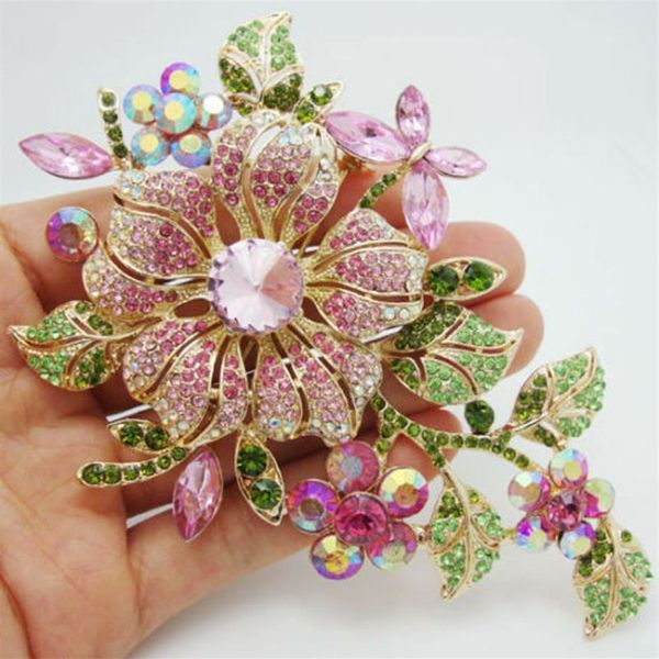 Broche con forma de rosa y flor de cristal, diamantes de imitación, color rosa, orquídea, Pin317S, alta calidad