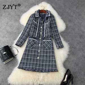 Hoge Kwaliteit Mode Runway Designer Dames Turn Down Collar Plaid Korte Tweed Wollen Jas en Tank Jurk Herfst Winter Kleding 210601