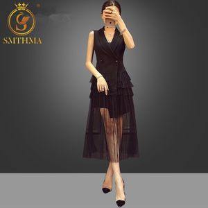Hoge kwaliteit mode zomer ontwerper runway jurk dames mouwloze gaas patchwork zwarte jurken vestidos 210520