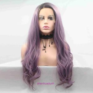 Hoogwaardige mode pruik haren online winkel heet verkopen synthetische vezelgradiënt paarse lange krullende haar kanten hoofdband