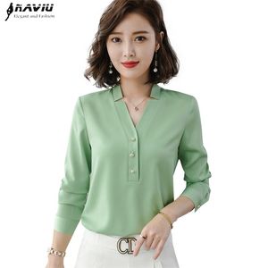 Camisa de mujer de moda de alta calidad Nuevo otoño con cuello en V Manga larga Blusas de negocios delgadas Oficina Damas Luz Verde Trabajo Tops 210323