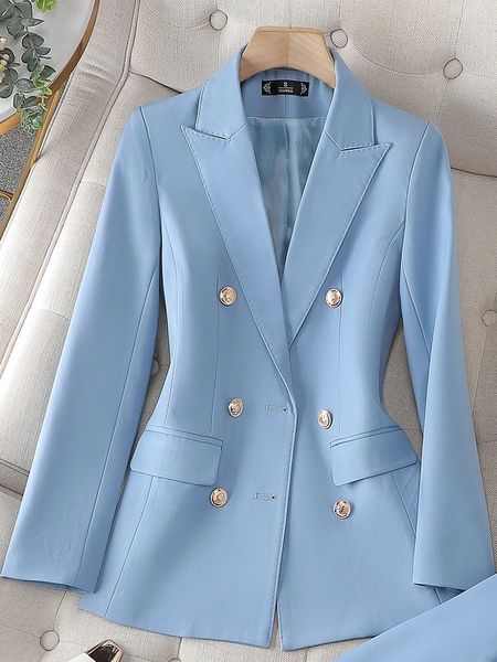 Blazer femelle de haute qualité Femme Blue Abricot triple poitrine mince veste bureau