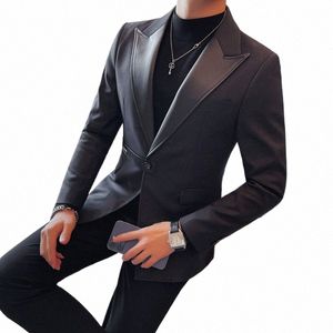 Alta calidad Fi PU Cuero empalmado Collar Blazer Chaquetas para hombres Ropa Busin Ropa formal Slim Fit Traje Abrigos Tuxedo M23T #