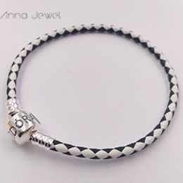 Haute qualité Fine Jewelry Woven 100% véritable Bracelet en cuir Blanc Noir Perle en argent 925 Convient Pandora Charms Bracelet DIY Marquage ﾠ pour femmes hommes cadeaux