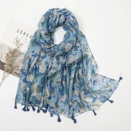 High Quality Floral Printed Women Scarf Spring Summer Tassel Shawls and Wraps Women's Headscarf Soft Ladies Hijab Blue Scarf