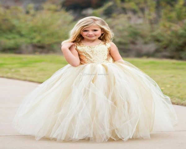 Vestidos de niñas de flores de alta calidad Lentejuelas doradas brillantes Falda de marfil Vestidos de fiesta de boda formales largos para niños Sin mangas Espalda abierta9717289