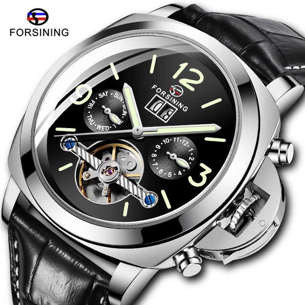 Haute qualité Forsining hommes automatique mécanique montre bracelet en cuir semaine date affichage lumineux mains montres Q0902