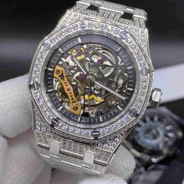 Reloj de pulsera de hip hop con diamantes completos de alta calidad, relojes con diamantes de hielo, reloj de moda hueco, caja de acero inoxidable plateada, 42MM, automático