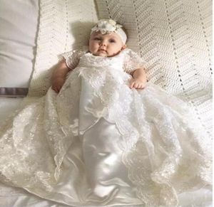 Haute qualité pleine dentelle manches courtes ivoire enfant en bas âge robes de baptême 2019 nouveau-né bébé filles robes de première communion6717629