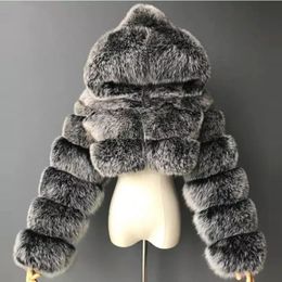 Hoge kwaliteit harige cropped nepbontjassen en jassen vrouwen pluizige toplaag met capuchon winterbontjas manteau femme 240124