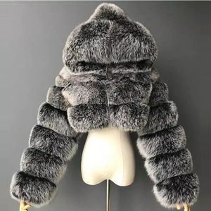 Hoge kwaliteit harige cropped nepbontjassen en jassen vrouwen pluizige toplaag met capuchon winterbontjas manteau femme 240122