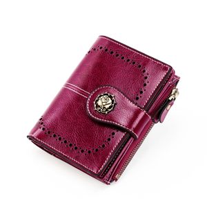 Cartera de cuero genuino de alta calidad para mujer, monedero pequeño, carteras para mujer, bolso corto con cremallera para mujer, billetera púrpura de lujo