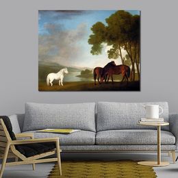 Wysokiej jakości George Stubbs malarstwo koń płótno dwie zatoki klacze szary kucyk w krajobrazie ręcznie robione klasyczne dzieła krajobrazowe