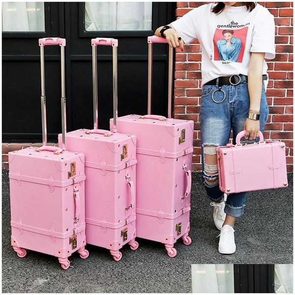 Haute Qualité Fille Pu En Cuir Trolley Sac Ensemble Belle Fl Rose Vintage Valise Pour Femme Rétro Lage Cadeau Drop Delivery Dhpzk