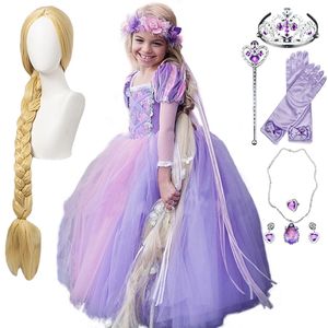 Girl de haute qualité Perruque Rapunzel + Robe de princesse Halloween Enfant Beauté de dormance Cosplay Sofia Tulle Tutu robe de ballon enfants Vêtements 220310