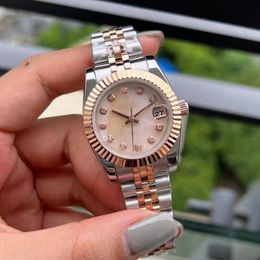 Moda de oro de alta calidad 31 mm Relojes para mujer Vestido de mujer Pulsera Reloj de acero inoxidable Fecha Anillo de diamante Mecánico automático W207X