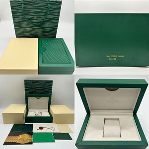 Boîte de montre Rolex verte de haute qualité, boîte d'usine de montres en bois pour hommes et femmes, certificat de sac en papier, boîte de niveau supérieur pour accessoires de montre de luxe, boîte essentielle d'usine de mode