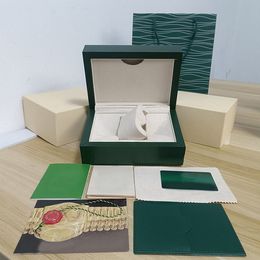 Boîte de montre verte de haute qualité, certificat de sac en papier, boîte d'usine de montres en bois pour hommes et femmes, accessoires de boîte de montre de luxe, boîte de niveau supérieur, usine de boîtes essentielles de montre