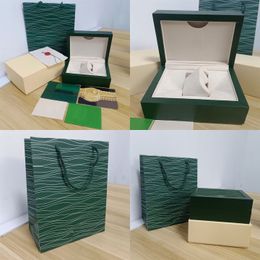 Boîte de montre verte de haute qualité, certificat de sac en papier, boîte d'usine de montre en bois pour hommes et femmes, accessoires de boîte de montre de luxe boîte de niveau supérieur montre boîte essentielle 007