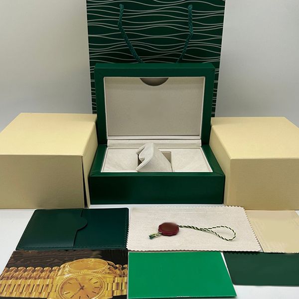 Boîte de montre verte de haute qualité, certificat de sac en papier, boîte d'usine de montre en bois pour hommes et femmes, accessoires de boîte de montre de luxe boîte de niveau supérieur boîte essentielle de montre de mode