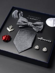 Hoogwaardige grijs Black Tie Mens Bow Set cadeau voor vriendje Holling Holiday Groom Jurk Accessories240409