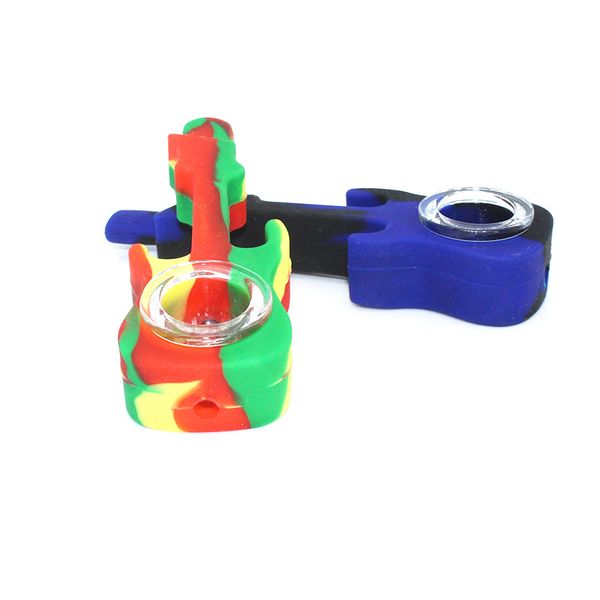 Tuyaux en silicone en forme de guitare de haute qualité Silicone de qualité alimentaire avec bol en verre 5 couleurs 4,3 pouces Tuyau de cuillère à main pour fumer du tabac