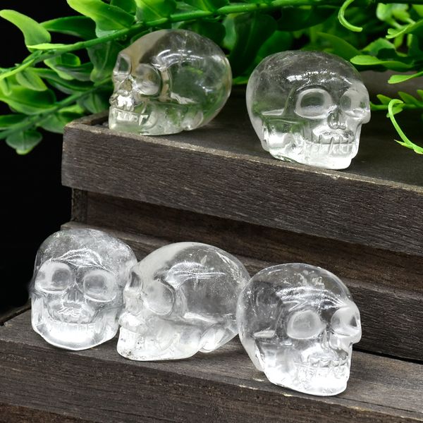 Cabeza de alienígena humana tallada a mano de alta calidad, Calavera de Cristal transparente Natural, piedra preciosa de cristal, para curar Reiki, regalos de Halloween