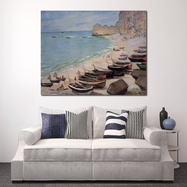 Peinture à l'huile Claude Monet artisanale de haute qualité bateaux sur la plage à Etretat paysage toile Art belle décoration murale