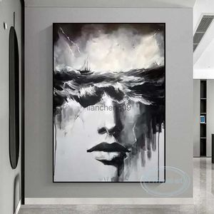 Haute Qualité À La Main Peinture À L'huile Noir Blanc Abstrait Art Figure Mur Décor Affiche Moderne De Luxe Maison Esthétique Grande Murale L230620