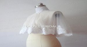 Haute qualité col haut enveloppe de mariée avec dentelle applique Real Po blanc ivoire veste de mariage boléro châle boutons couverts taille unique 1547463
