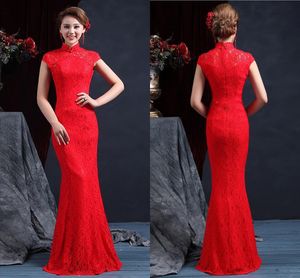 Hoge Kwaliteit Hoge Hals Mouwloze Chinese Mermaid Cheongsam Trouwjurken 2015 Vloer Lengte Rits Terug Rode Kant Trouwjurk Bruidsjurk