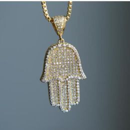 Haute qualité hip hop bling boîte chaîne 24 femmes hommes couple or argent couleur glacé Hamsa main pendentif collier pour anniversaire254f
