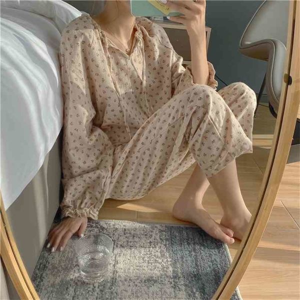 Ropa de casa de alta calidad con estampado floral de algodón princesa dulce Chic Girls elegante ropa de dormir venta conjuntos de pijamas 210525