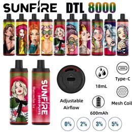 Venta caliente de alta calidad Auténtica Sunfire Bar 8000 Puffs Vape desechable Capacidad de 18 ml 10 Sabores Cartucho de vape desechable 600mAh CIGANTE EL COLA COLA COLA TANTADOR