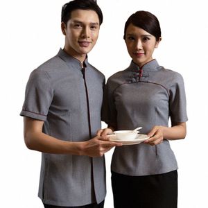 Hoge Kwaliteit Hotel Werkkleding Mannen en Vrouwen Zomer Hotpot Personeel Uniformen Restaurant Grijs Retro Ober Uniformen Chinese Shirt o5Yu #