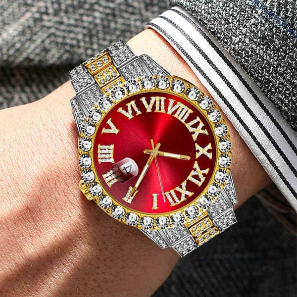Reloj de lujo con hielo de alta calidad para hombre, reloj de circonio dorado y plateado, pulsera de diamantes de Hip Hop, reloj de cuarzo de acero inoxidable para hombre, regalo de cumpleaños5W1H