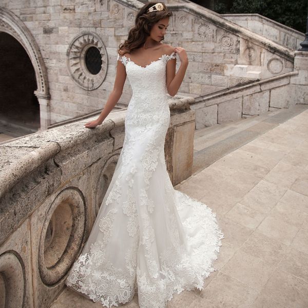 Vestido de novia de sirena con manga casquillo de ilusión de alta calidad Apliques de encaje romántico Vestido de novia con corsé Vestidos de novia hechos a medida con botones