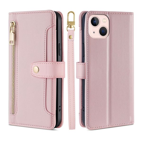 Case de téléphone iPhone de haute qualité Case de téléphone crossbody avec sangles à cartes à fermeture éclair pour l'iPhone 15 14 13 12 11 Pro Max XS XR 7 6 6 6s Plus Se3 Flip Cover Multifonction