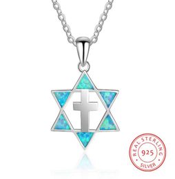 Jesus Jezus Jezus Blauwe opaalster van David Pendant 925 Sterling Silver Necklace voor Gfit met Chain5750446