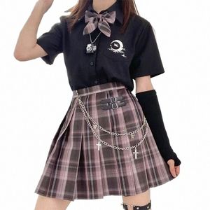 Haute qualité JK Uniformes Student Girl Summer manches courtes taille haute plissée violet Plaid Mini jupe femmes Dr Schoo uniforme V7iP #