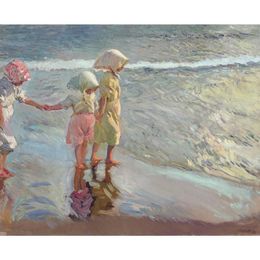 Pinturas de alta calidad de Joaquín Sorolla Bastida, tres hermanas, niños en la playa, arte moderno pintado a mano para decoración de paredes de baño 263E