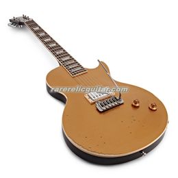 Alta calidad Joe Perry Gold Rush Axcess Aged Relic Antique Goldtop Guitarra eléctrica Puente de trémolo coreano Pastilla Humbucker única Tallado Axcess Neck Grover Tuners