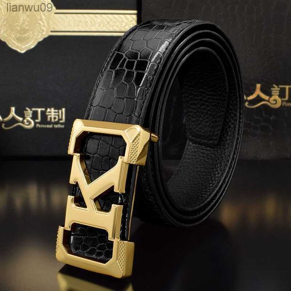 Haute qualité K lettre ceintures hommes boucle coulissante 33cm de large noir en cuir véritable ceinture mode jeunes garçons masculinos Cowskin L230704