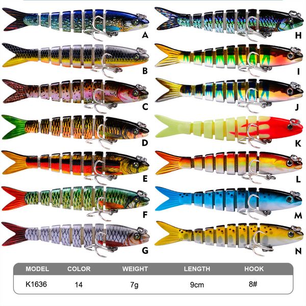 Alta calidad K1636 9 cm 7 g Señuelos de pesca para lubina, trucha, Swimbaits multiarticulados, hundimiento lento, natación biónica, agua dulce, agua salada, señuelo de pesca realista, 200 unids/lote