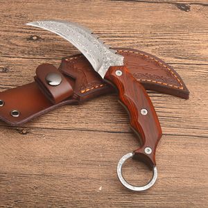 Cuchillo Karambit de alta calidad VG10, hoja de acero damasco, mango completo de palisandro, cuchillas fijas, cuchillos de garra con Funda de cuero