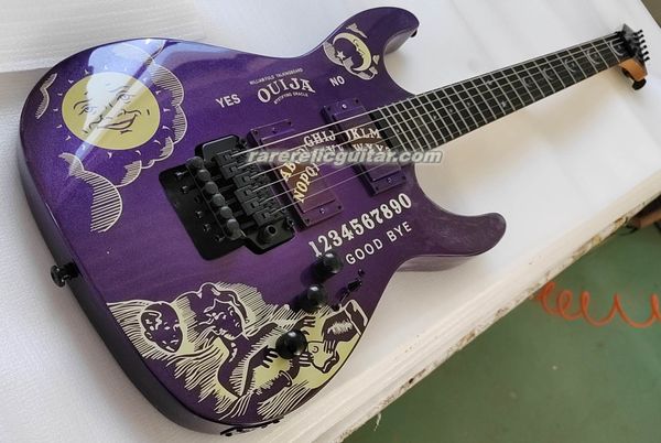 Alta calidad KH-2 Ouija Metallic Purple Kirk Hammett Signature Guitarra eléctrica Clavijero inverso, trémolo Floyd Rose, herrajes negros Star Moon Inlay China Pastillas EMG