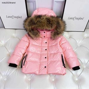 Abrigo de plumón de alta calidad para niñas con piel, parka gruesa para niñas, prendas de vestir exteriores cálidas para nieve rosa