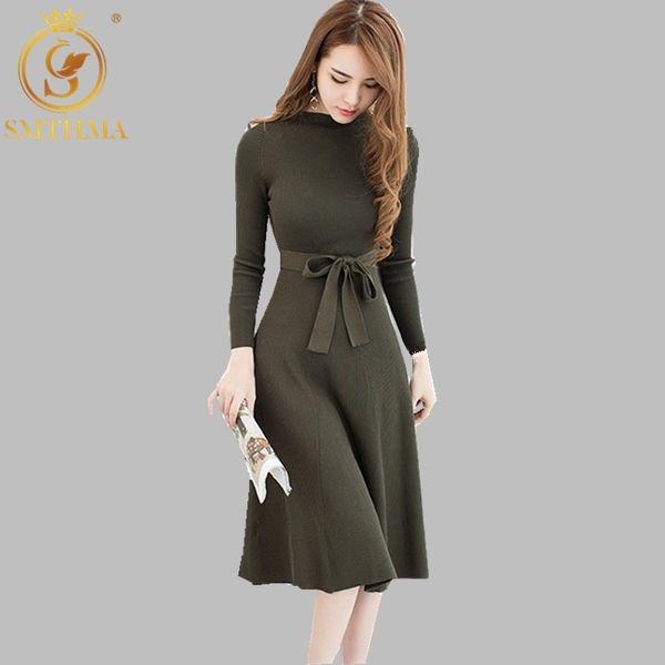 Haute qualité tricoté robe femmes mince décontracté automne hiver à manches longues taille vert/noir pull robes Vestidos 210520